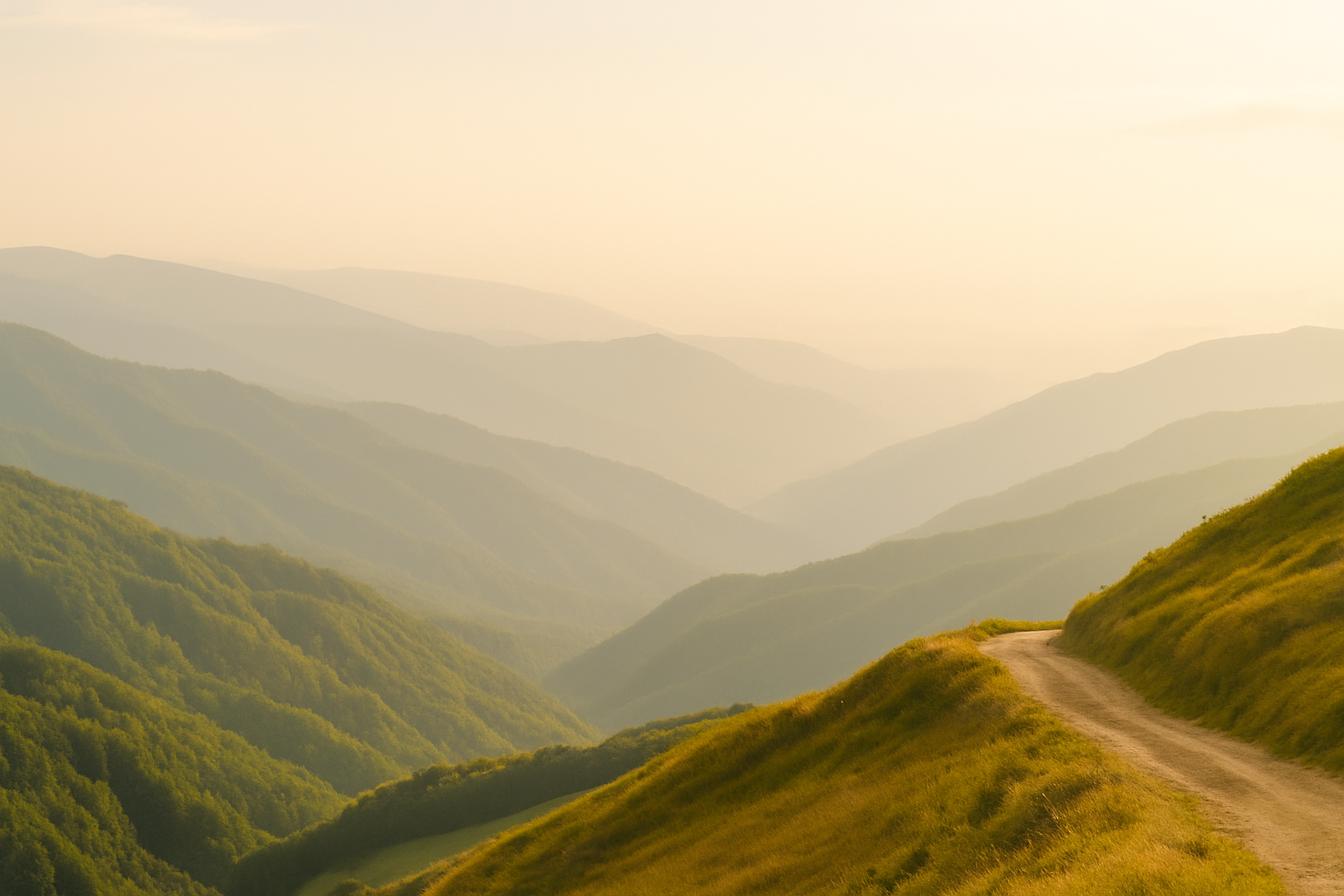 A path winding through rolling green hills under a warm, hazy sky, representing a long term journey.